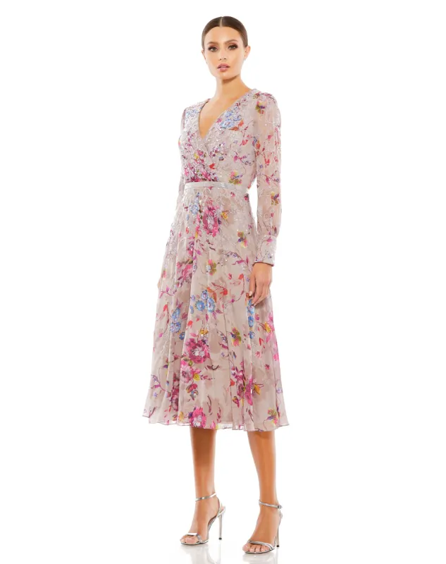 Multicolor Hand Embellished Floral Long Sleeve Midi Dress sold by Mac Duggal