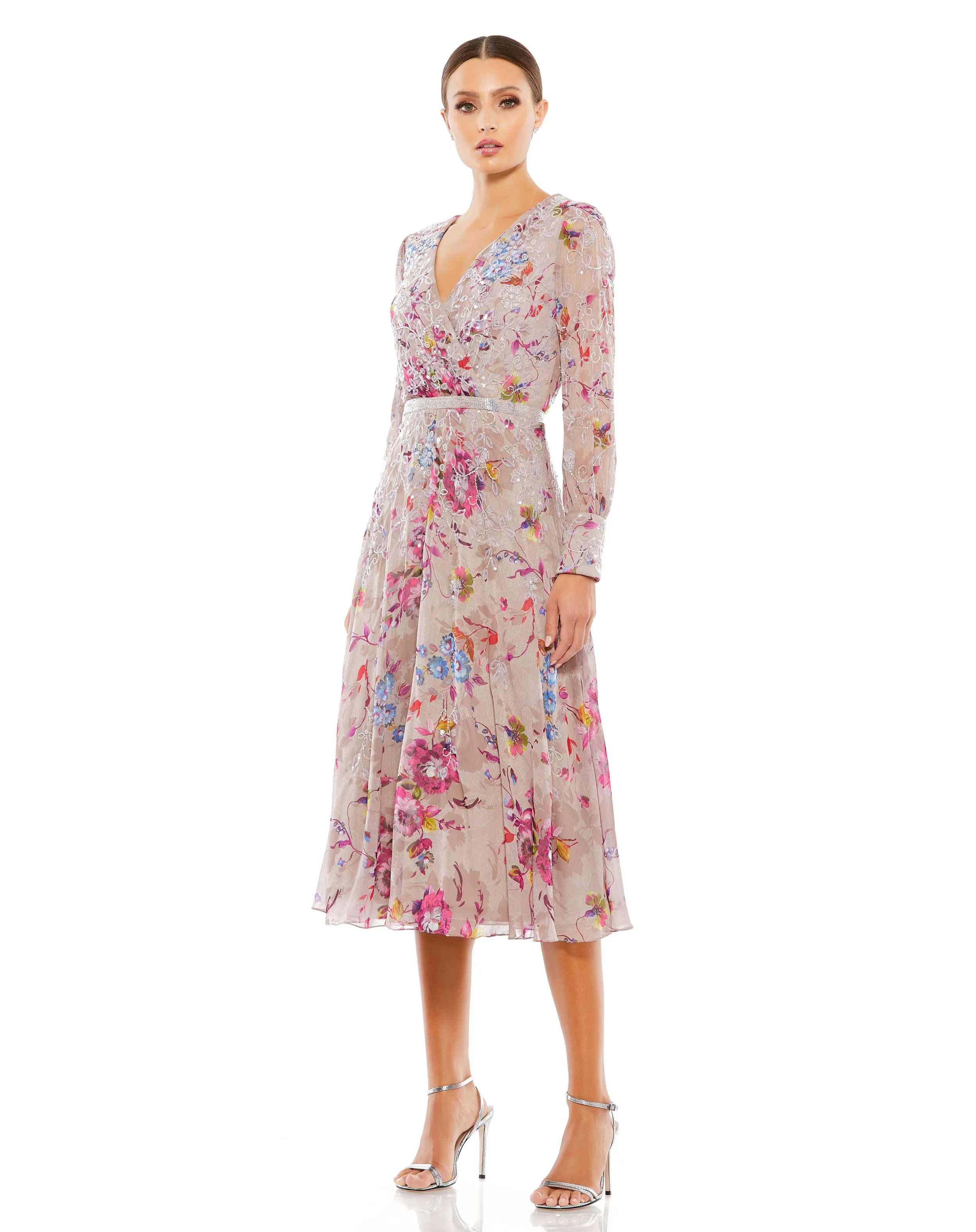 Multicolor Hand Embellished Floral Long Sleeve Midi Dress sold by Mac Duggal