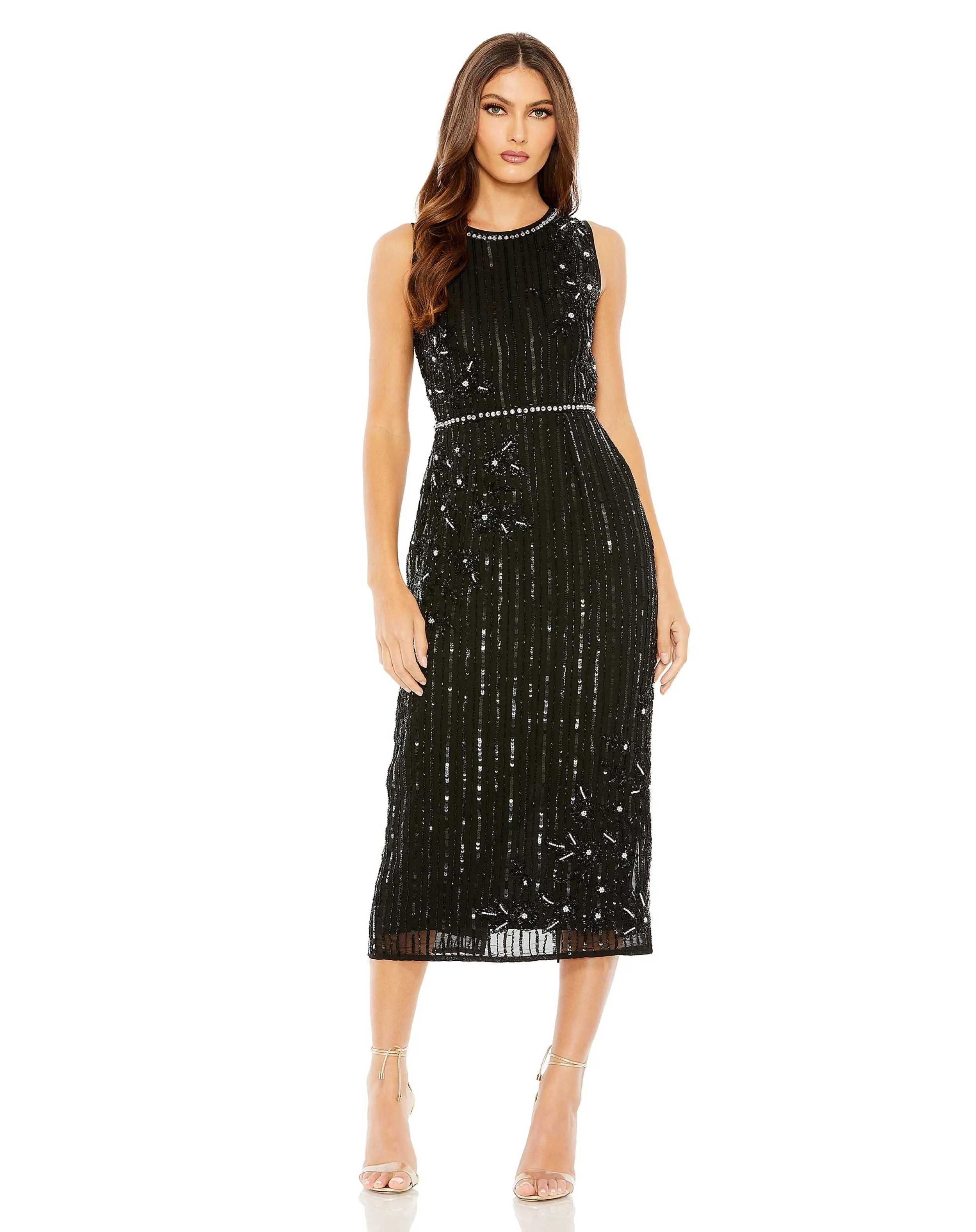 Striped Floral Embellished Sleeveless Midi Dress | Sample | Sz. 4 sold by Mac Duggal