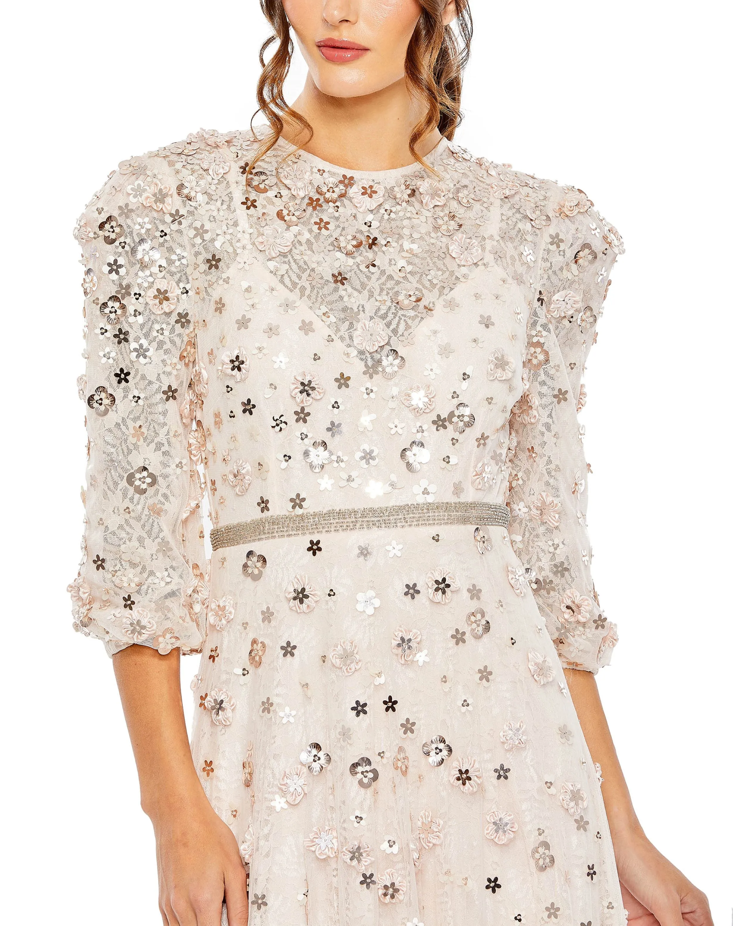 Purple Floral Applique Puff Sleeve High Neck A-Line Gown sold by Mac Duggal product image thumbnail 2