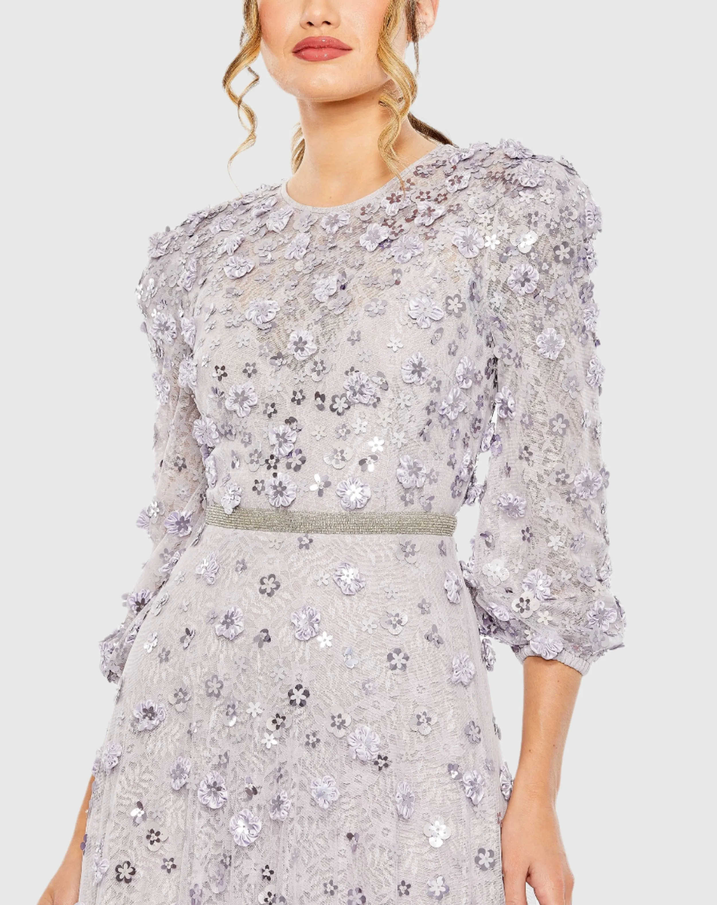 Purple Floral Applique Puff Sleeve High Neck A-Line Gown sold by Mac Duggal product image thumbnail 5