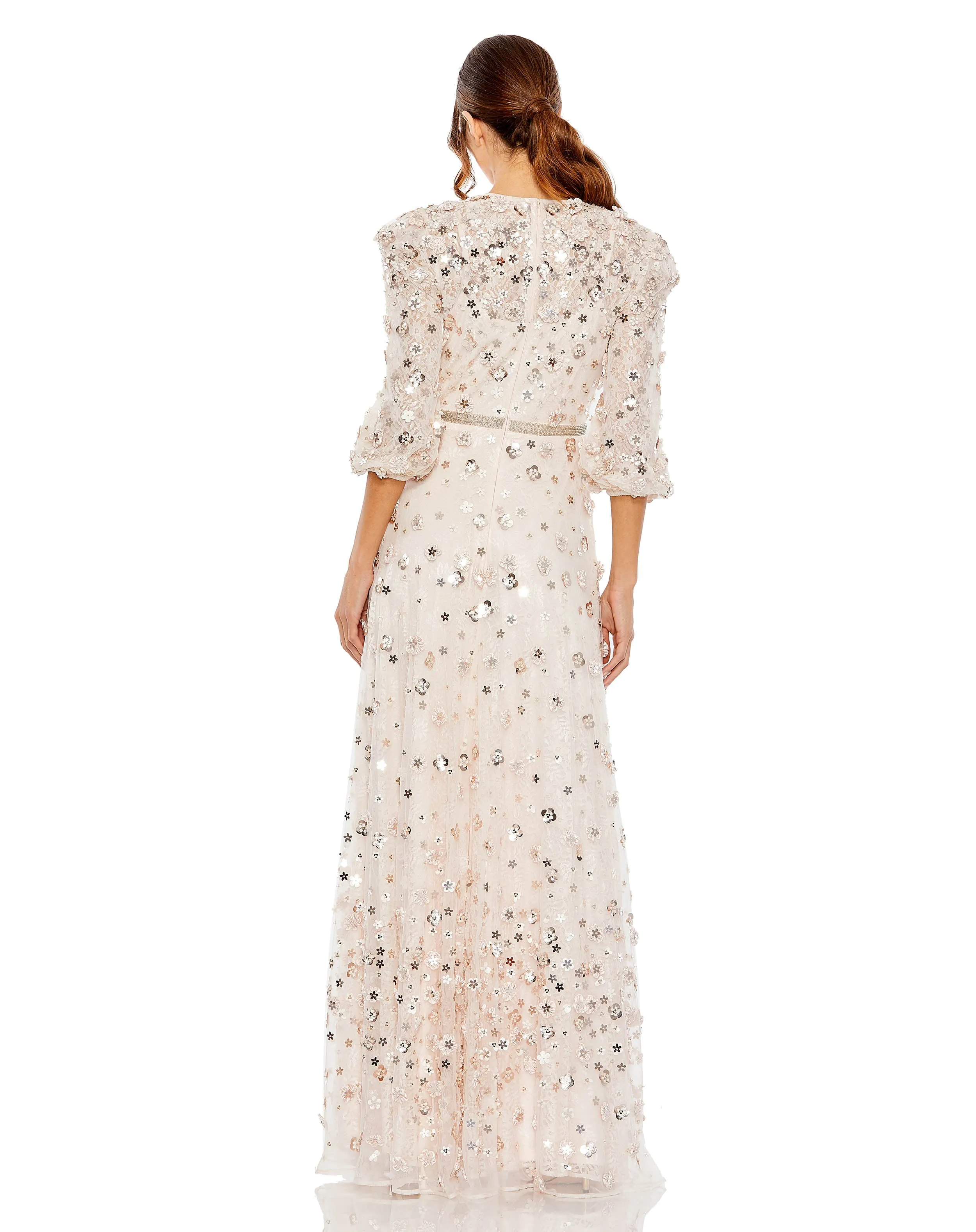 Purple Floral Applique Puff Sleeve High Neck A-Line Gown sold by Mac Duggal product image thumbnail 3