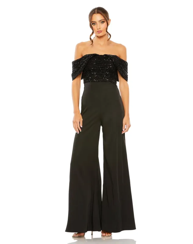 Black Sequined Off The Shoulder Jumpsuit sold by Mac Duggal