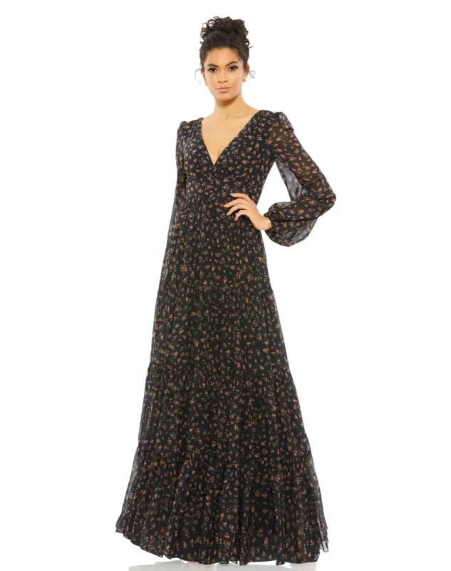 Black Floral Tiered Long Sleeve Maxi Dress sold by Mac Duggal