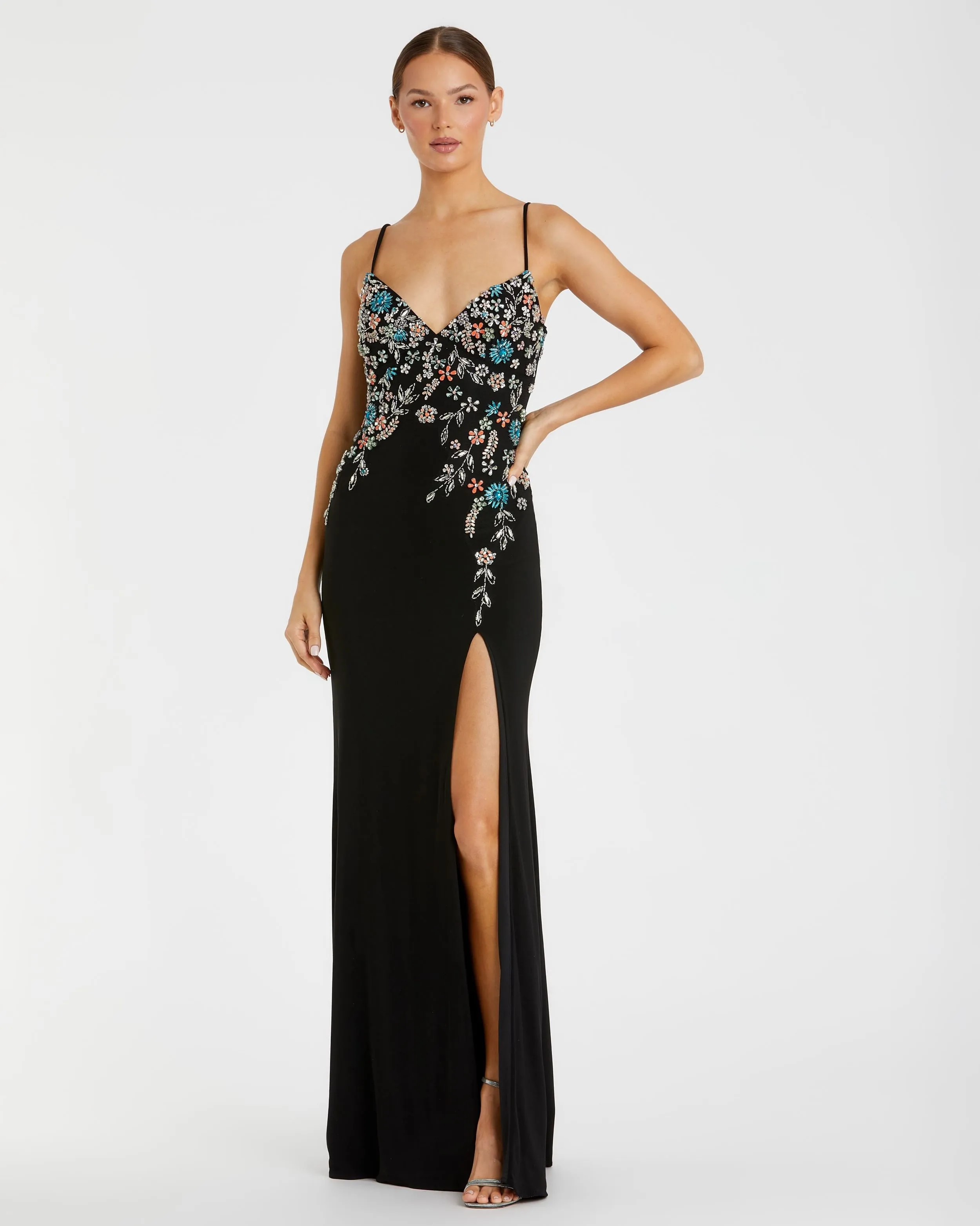 Black Multi Color Beaded Floral Cami Gown sold by Mac Duggal