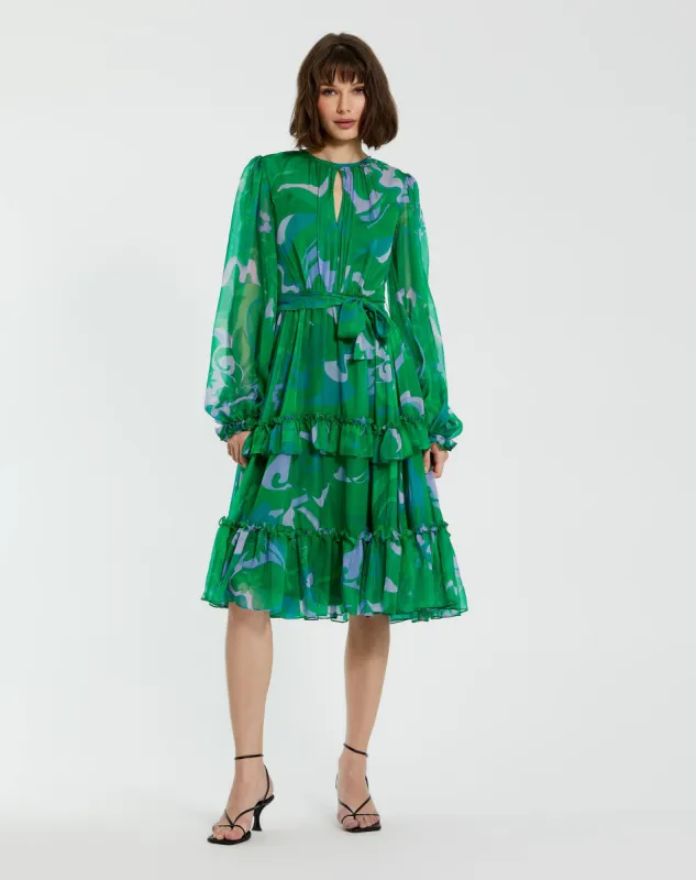 Green Printed Chiffon Bishop Sleeve Tie Waisted Ruffle Midi Dress sold by Mac Duggal
