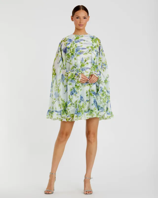 Multicolor Floral Print High Neck Ruffle Hem Cape Mini Dress sold by Mac Duggal