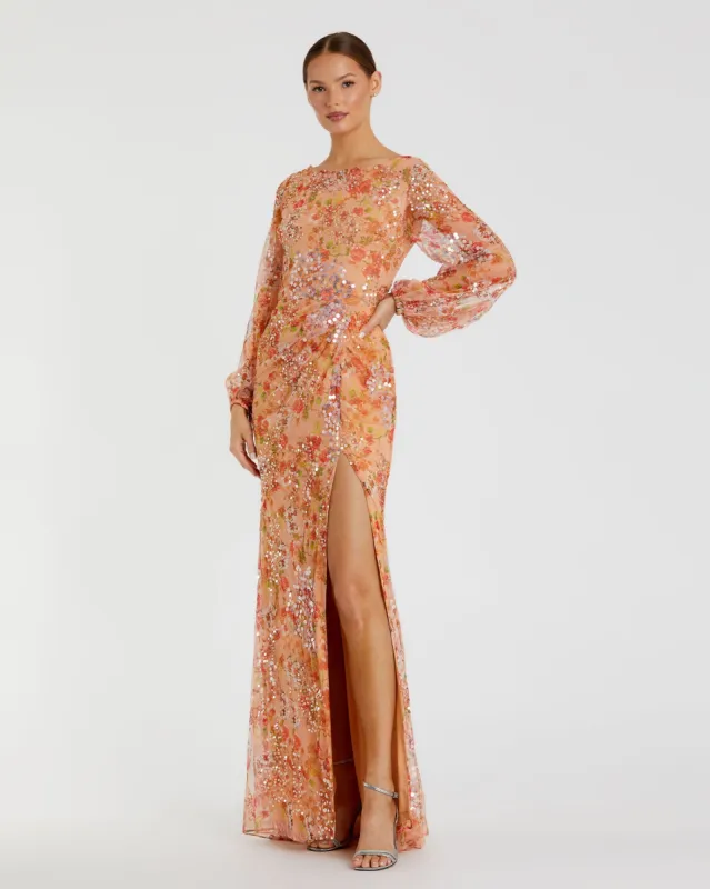Orange Floral Print Sequined Puff Sleeve Gown - FINAL SALE sold by Mac Duggal