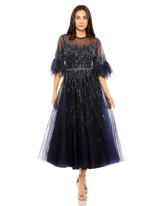 Navy High Neck A-Line Dress with 3/4 Feather Detail Sleeves sold by Mac Duggal