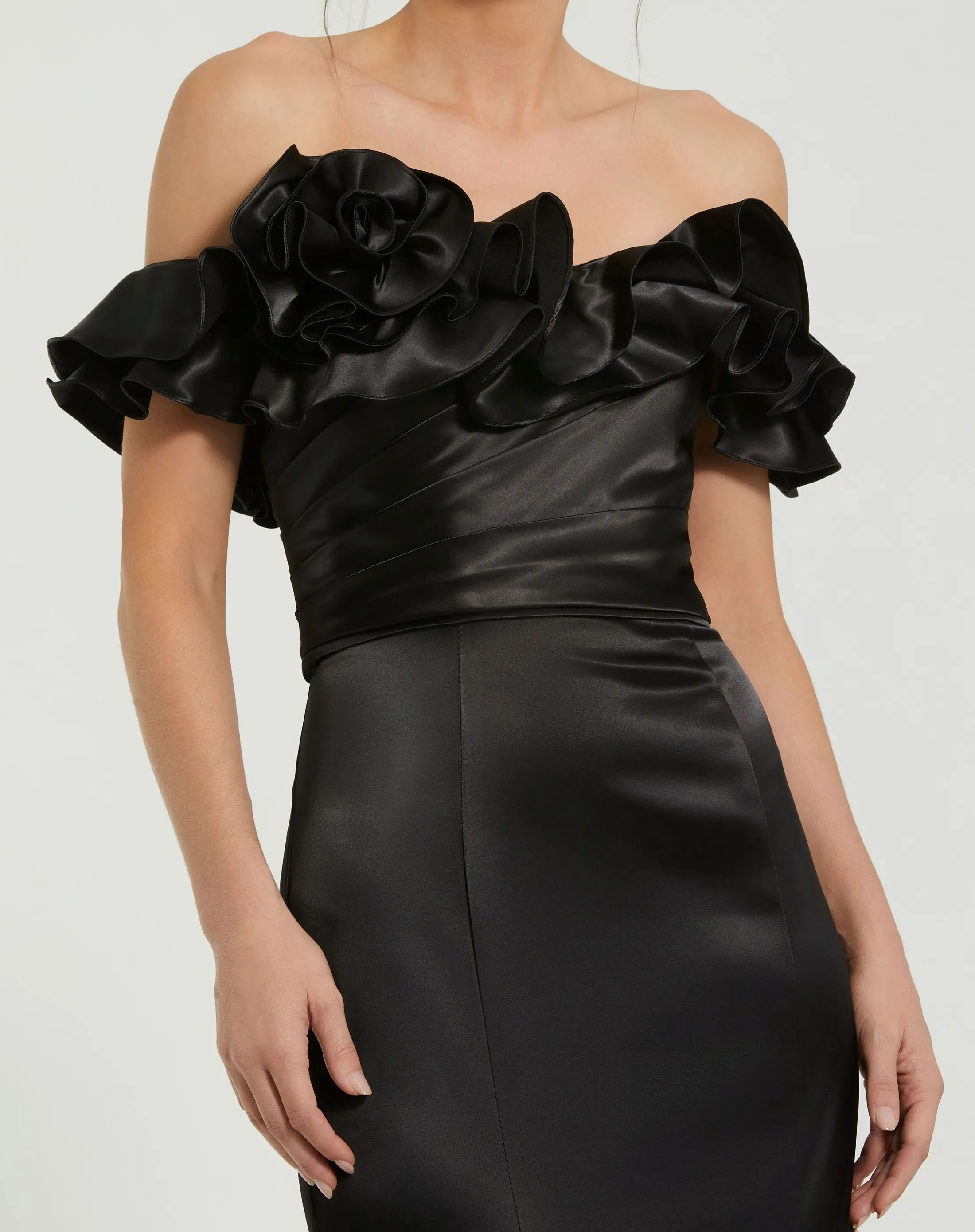 Black Satin Ruffle Off the Shoulder Mermaid Gown sold by Mac Duggal product image thumbnail 2