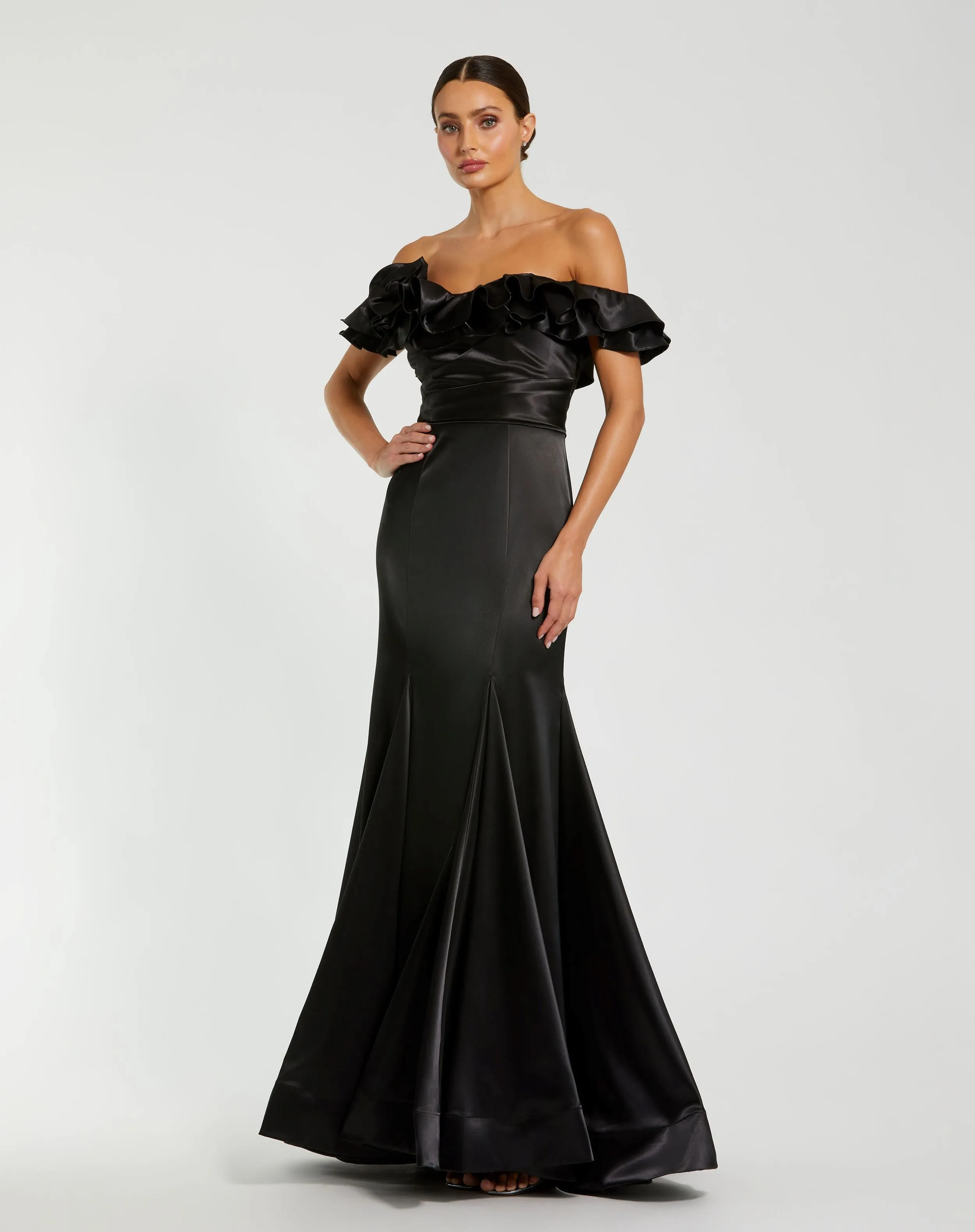 Black Satin Ruffle Off the Shoulder Mermaid Gown sold by Mac Duggal