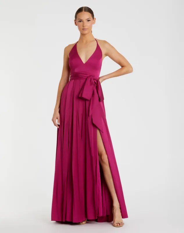 Dark Purple Halter Neck Charmeuse Gown sold by Mac Duggal