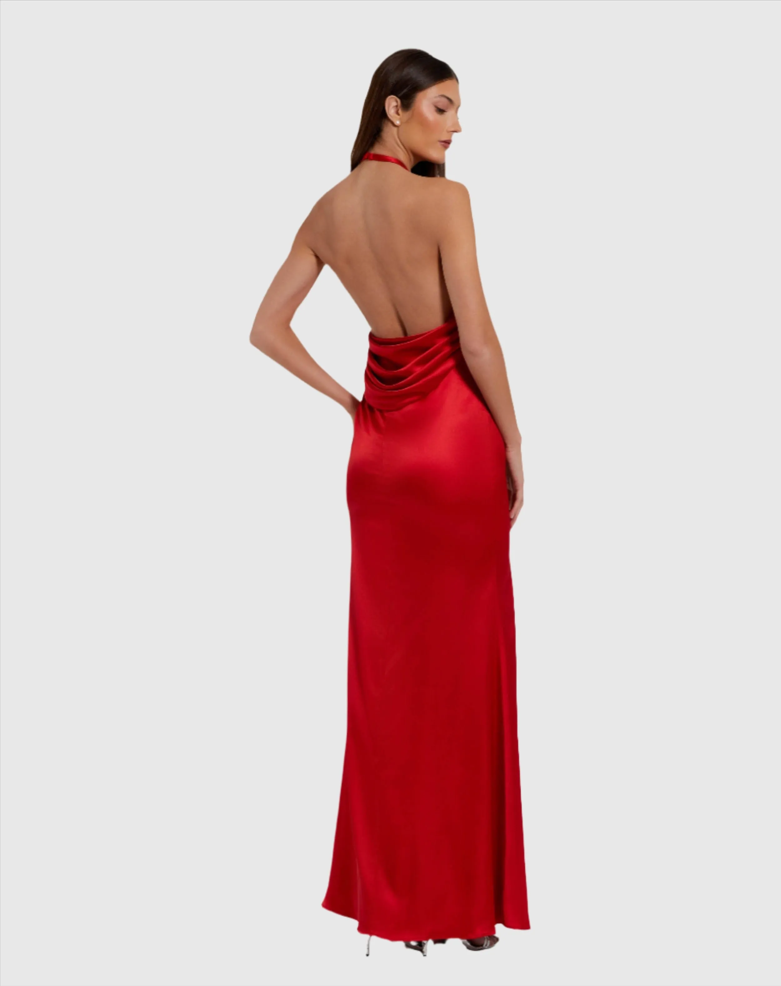 Red Fitted Satin Sleeveless Halter Gown With 3D Flower sold by Mac Duggal product image thumbnail 3