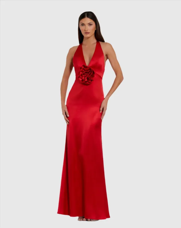 Red Fitted Satin Sleeveless Halter Gown With 3D Flower sold by Mac Duggal