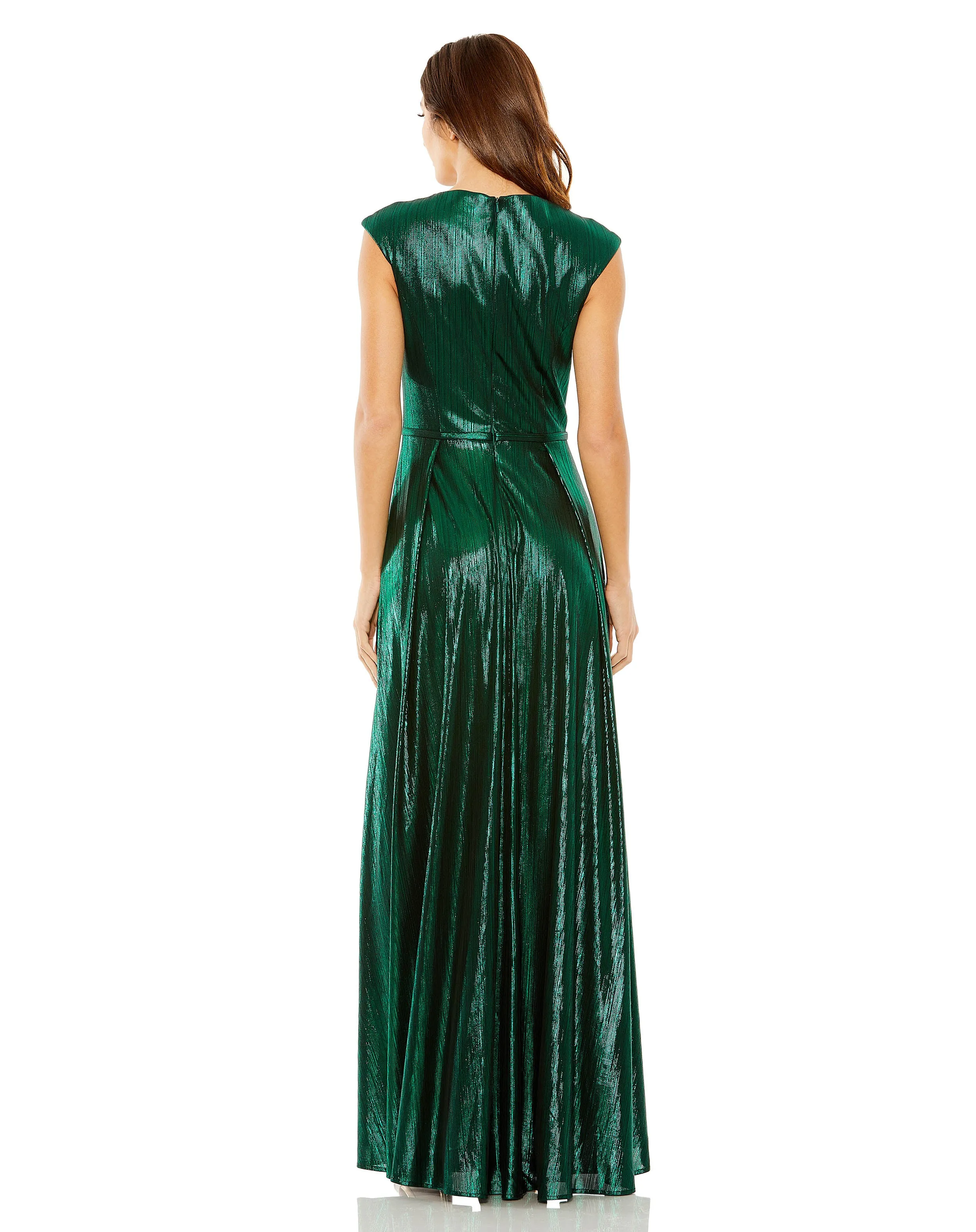 Green Cap Sleeve Deep V Neck High Slit Metallic Gown sold by Mac Duggal product image thumbnail 3