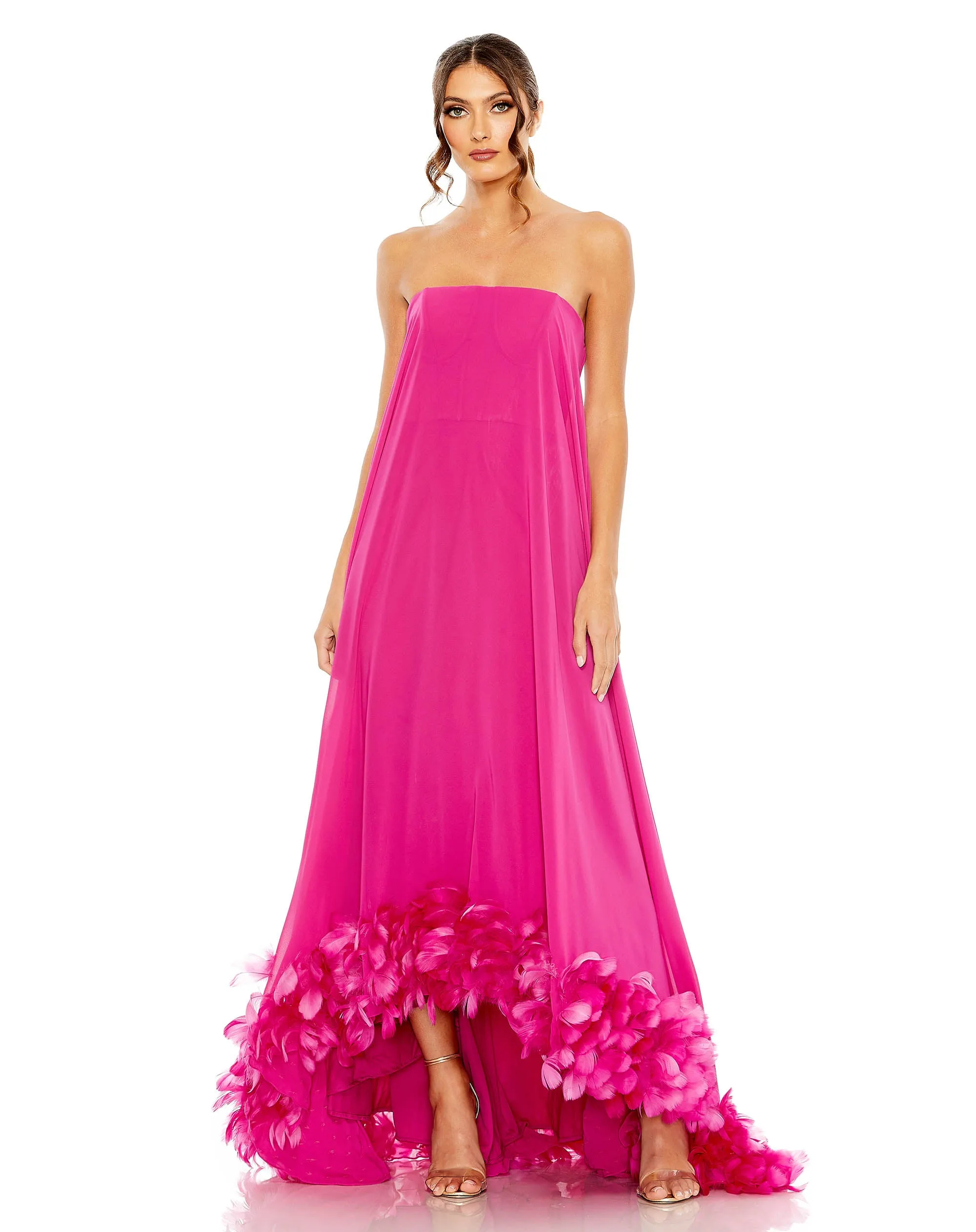Pink Strapless Flare Feather Hem Gown sold by Mac Duggal
