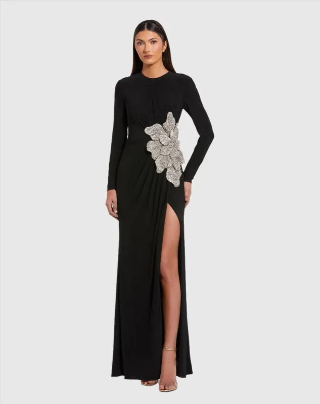 Black Jersey Gown With Embellished Flower sold by Mac Duggal
