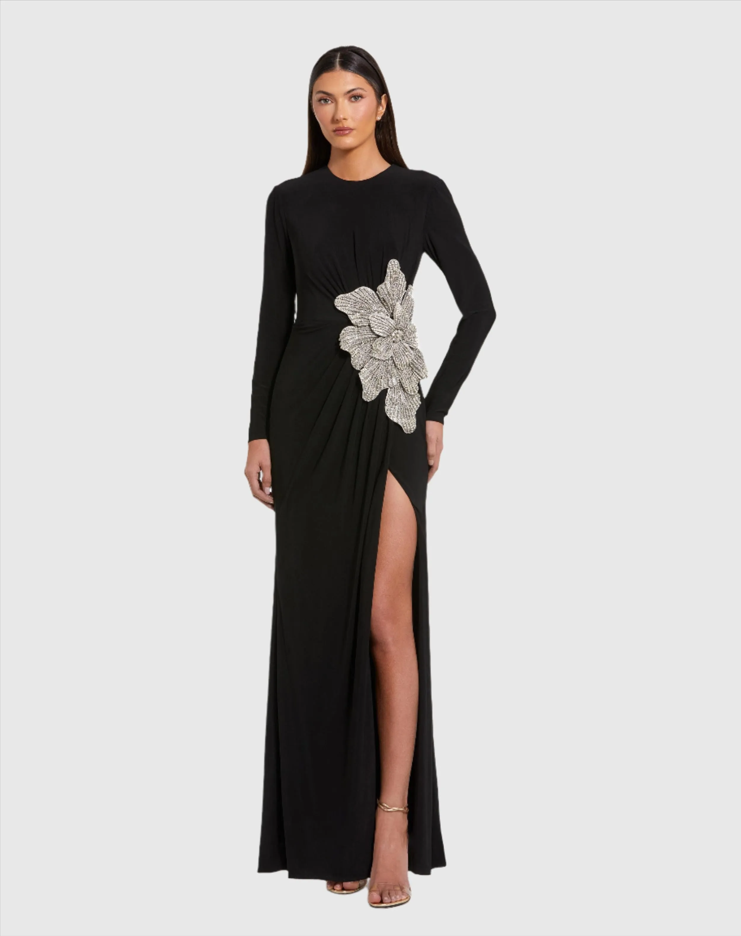Black Jersey Gown With Embellished Flower sold by Mac Duggal