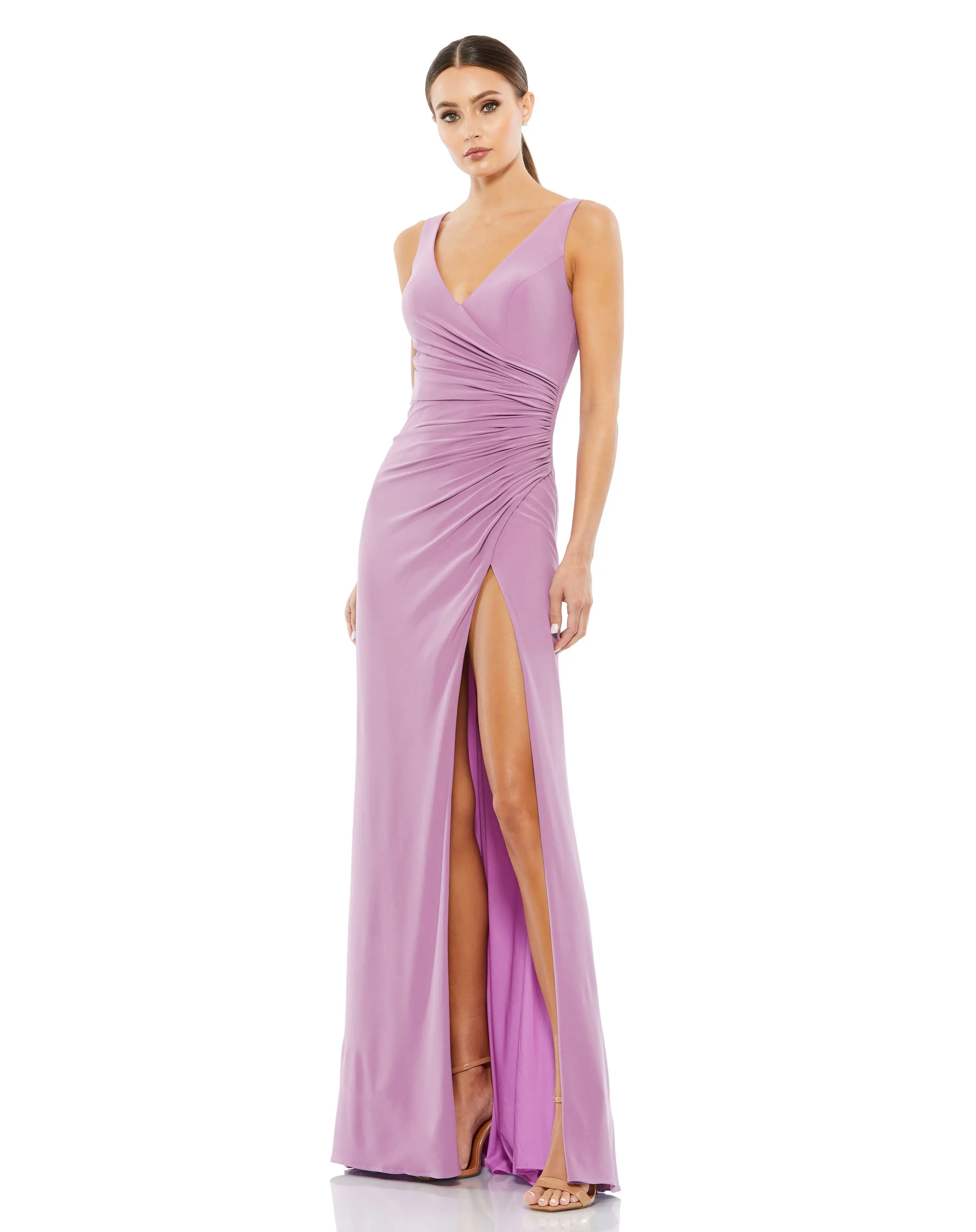 Purple Ruched Stretch Jersey V-Neck Gown sold by Mac Duggal