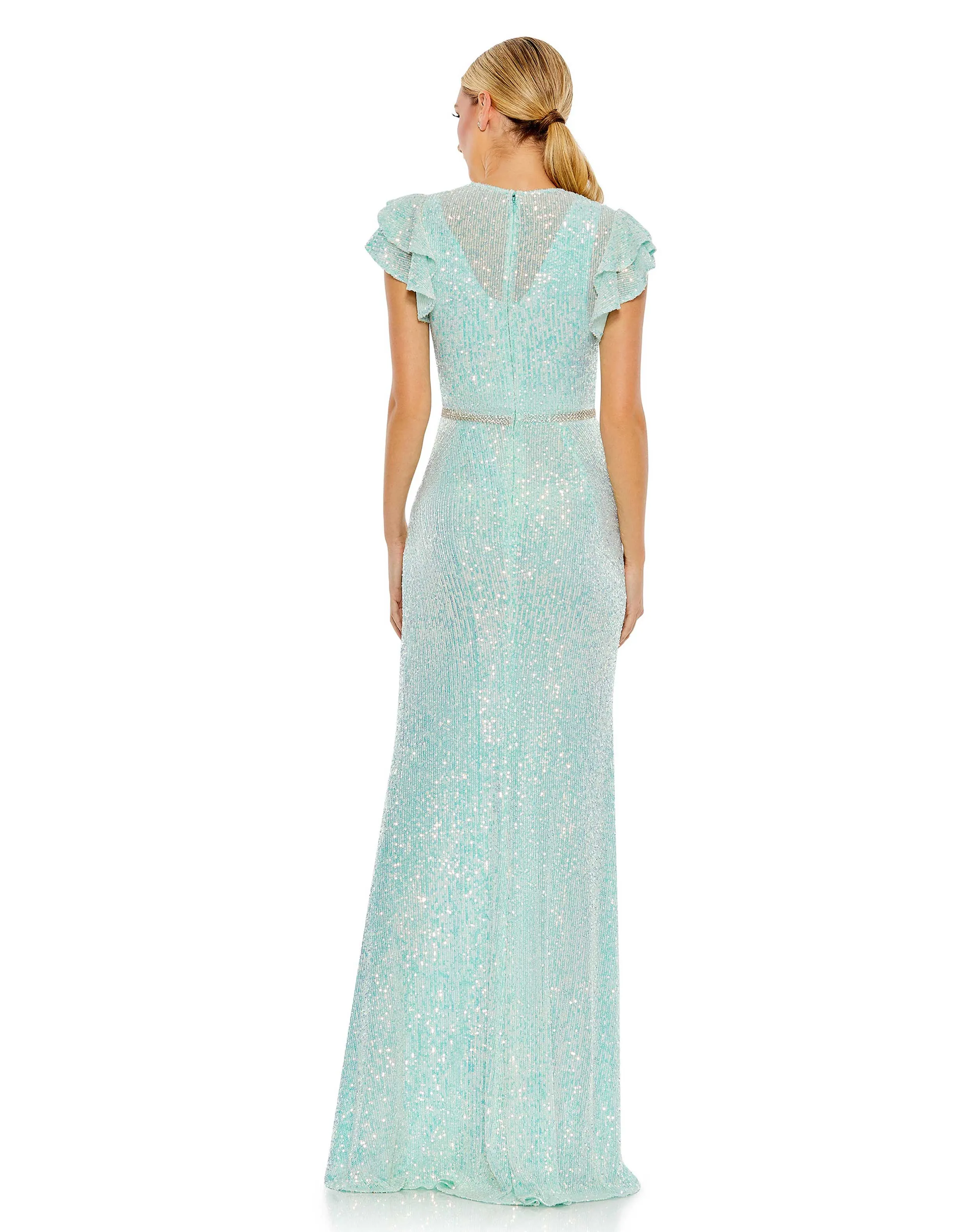 Blue Sequined High Neck Flutter Sleeve Mermaid Gown sold by Mac Duggal product image thumbnail 3
