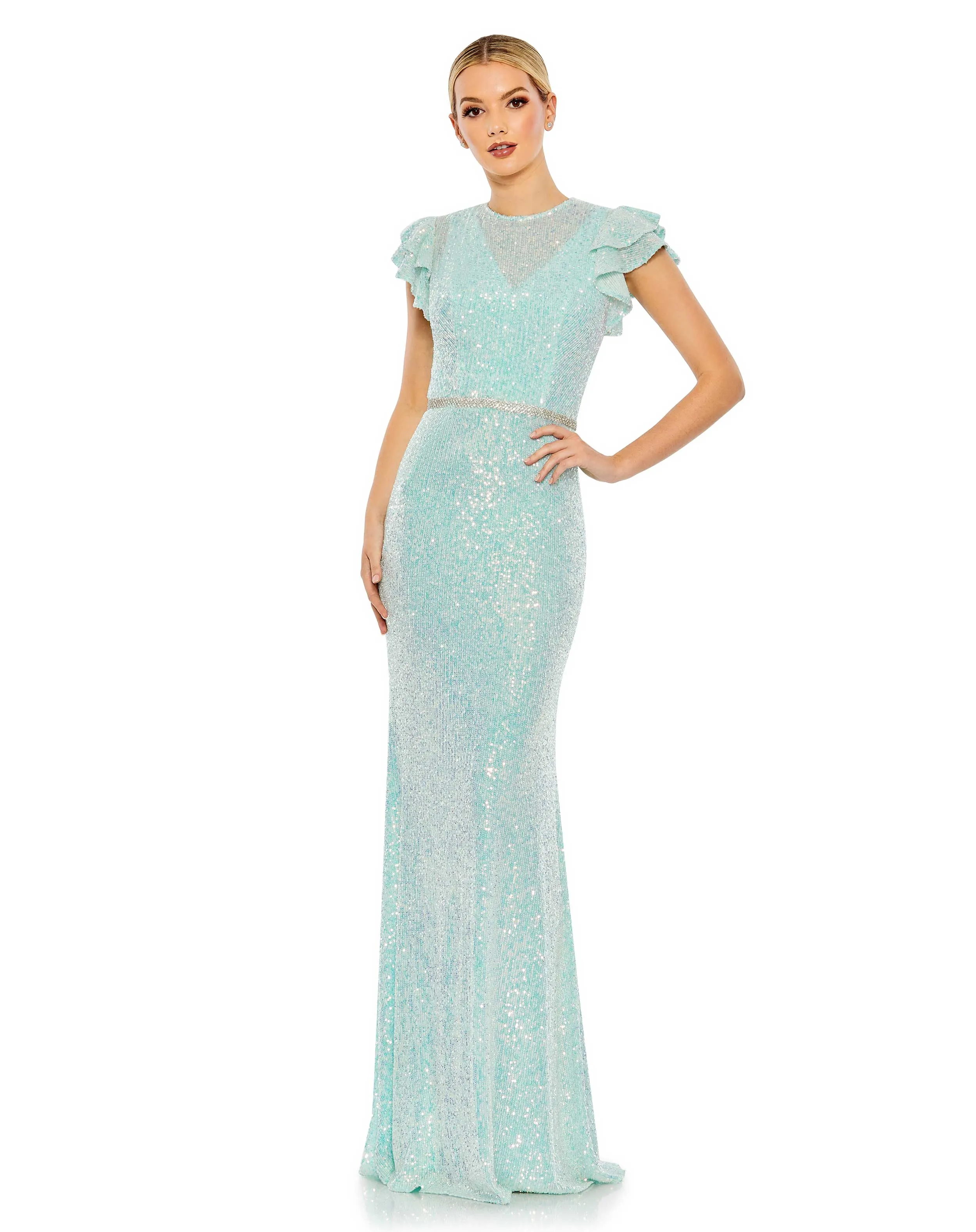 Blue Sequined High Neck Flutter Sleeve Mermaid Gown sold by Mac Duggal