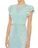 Blue Sequined High Neck Flutter Sleeve Mermaid Gown sold by Mac Duggal