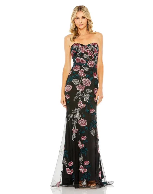 Black Floral Embroidered Strapless Gown sold by Mac Duggal
