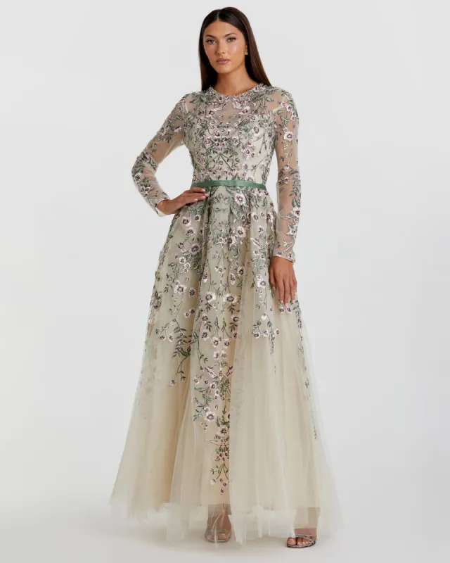 Ivory Long Sleeve Floral Embellished A-Line Gown sold by Mac Duggal