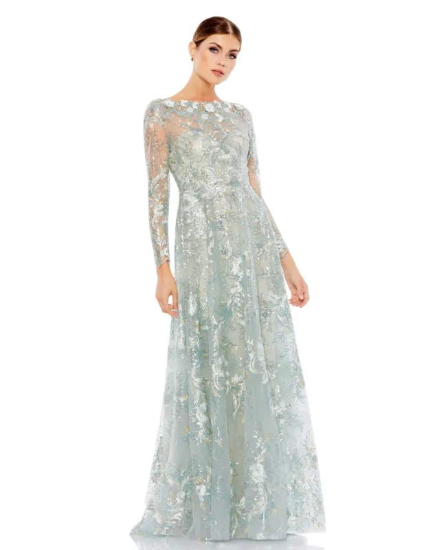 Green Floral Embroidered Illusion Long Sleeve Gown sold by Mac Duggal