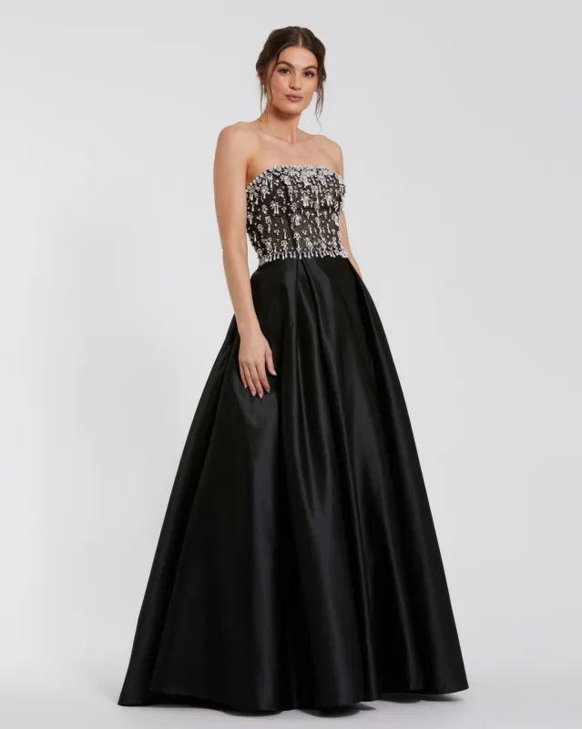 Black Strapless Embellished Top Satin Ball Gown sold by Mac Duggal