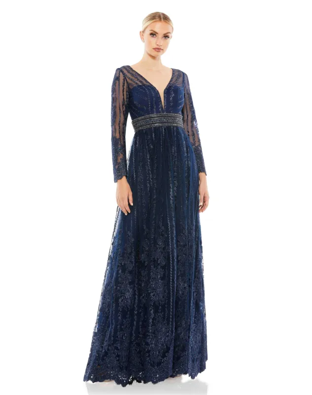 Long Sleeve Floral Illusion Beaded Gown sold by Mac Duggal