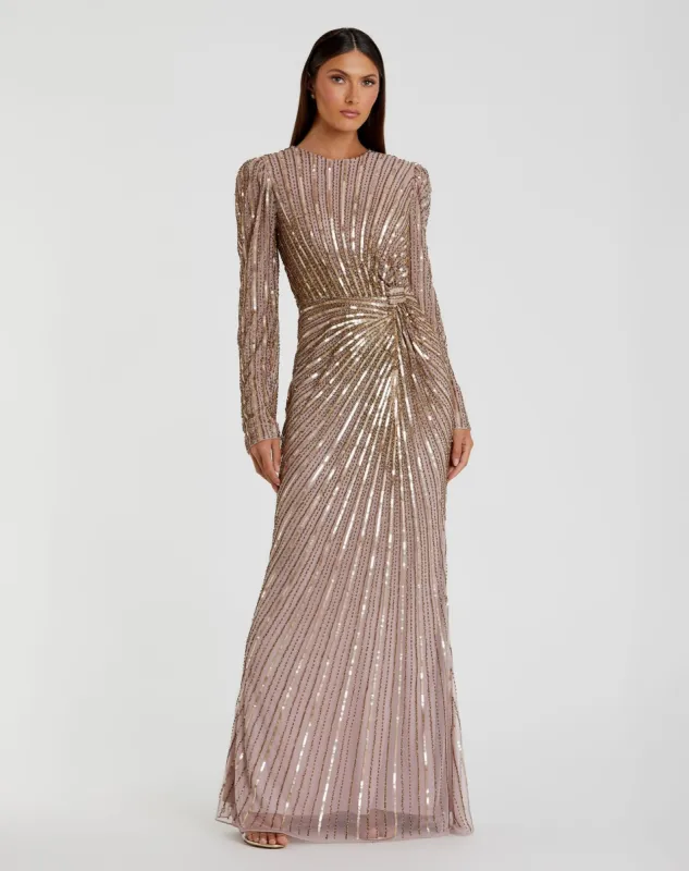 Navy Embellished Puff Sleeve Side Knot Gown sold by Mac Duggal