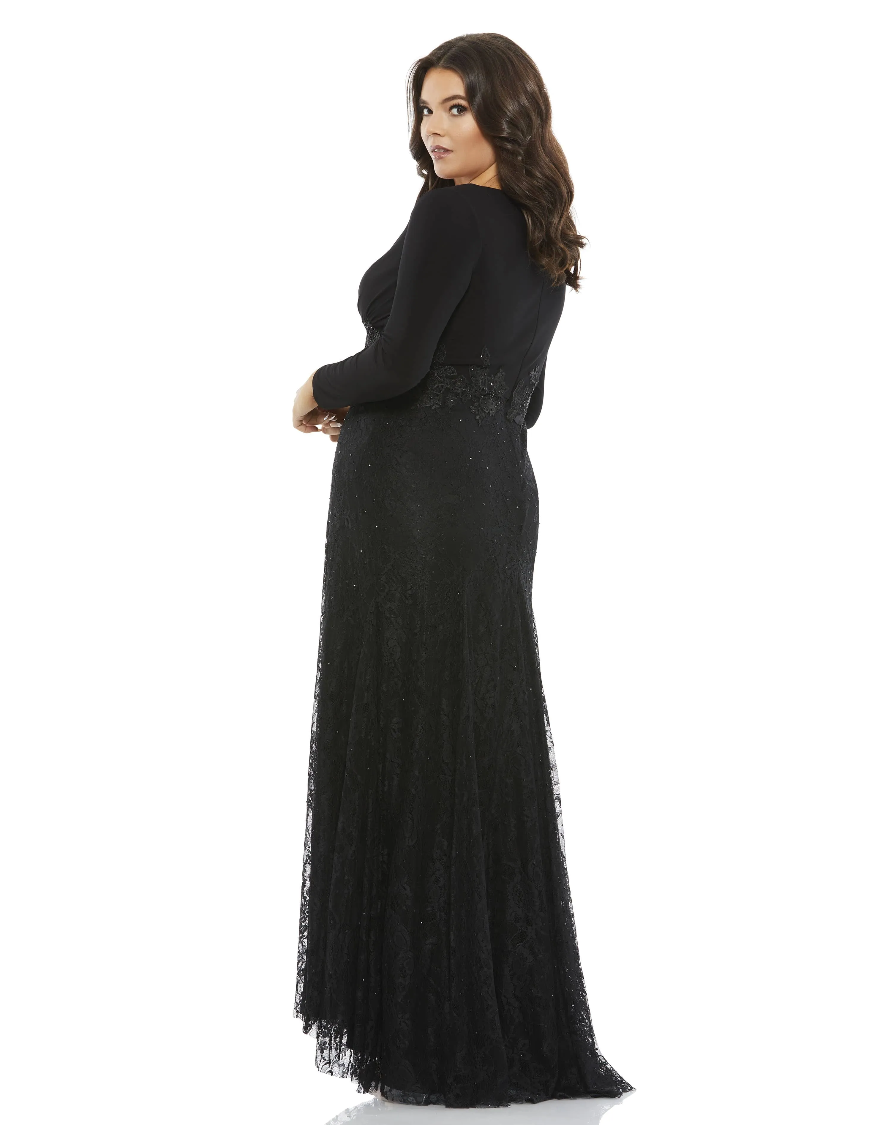 Black Wrap Over Long Sleeve Lace Applique Trumpet Gown (Plus) sold by Mac Duggal product image thumbnail 4