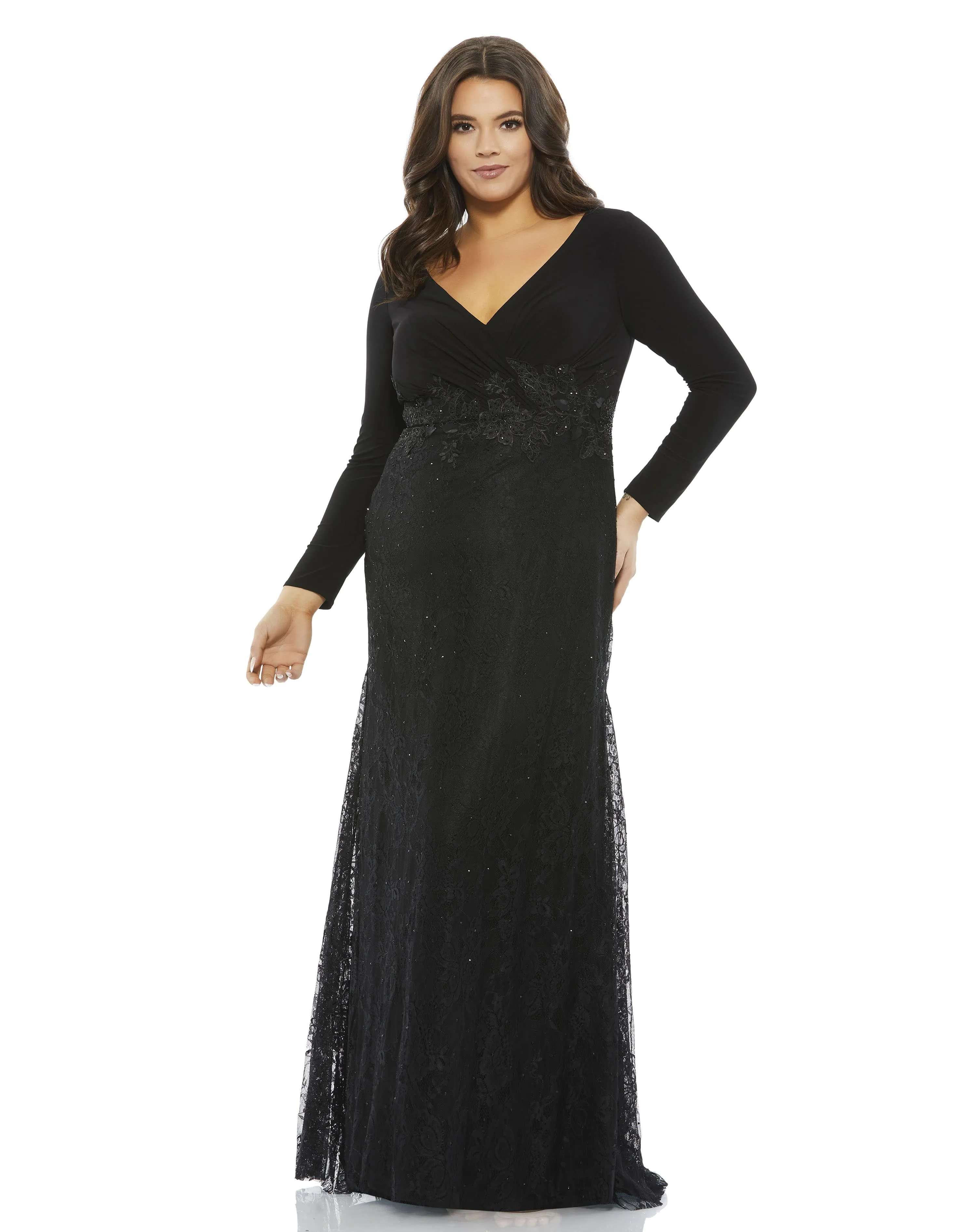 Black Wrap Over Long Sleeve Lace Applique Trumpet Gown (Plus) sold by Mac Duggal product image thumbnail 3