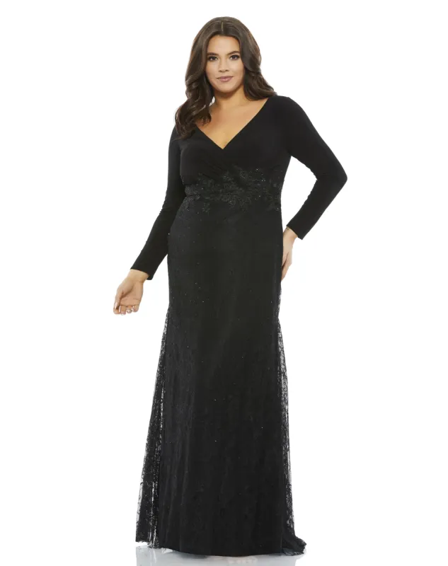 Black Wrap Over Long Sleeve Lace Applique Trumpet Gown (Plus) made by Mac Duggal