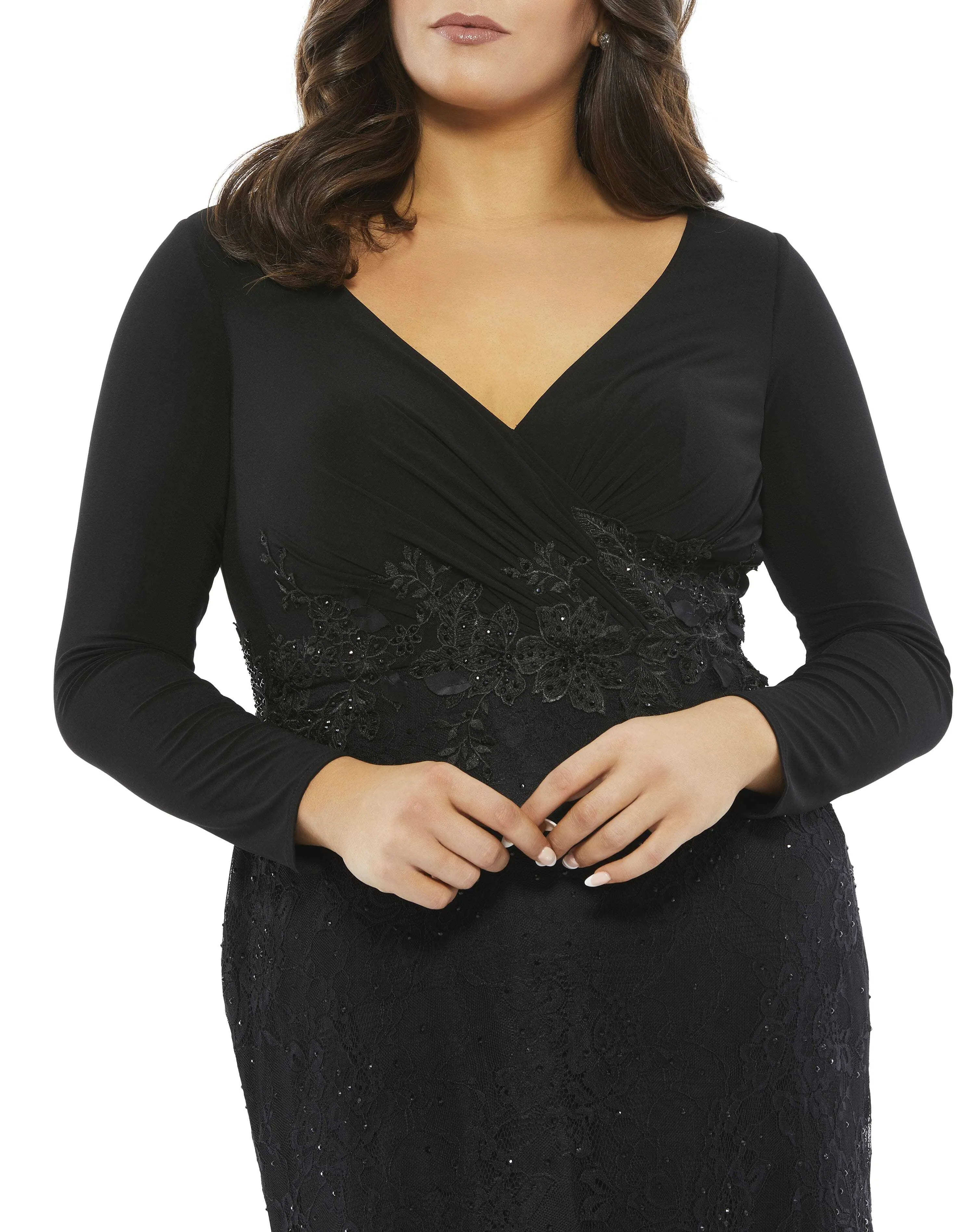 Black Wrap Over Long Sleeve Lace Applique Trumpet Gown (Plus) sold by Mac Duggal product image thumbnail 2
