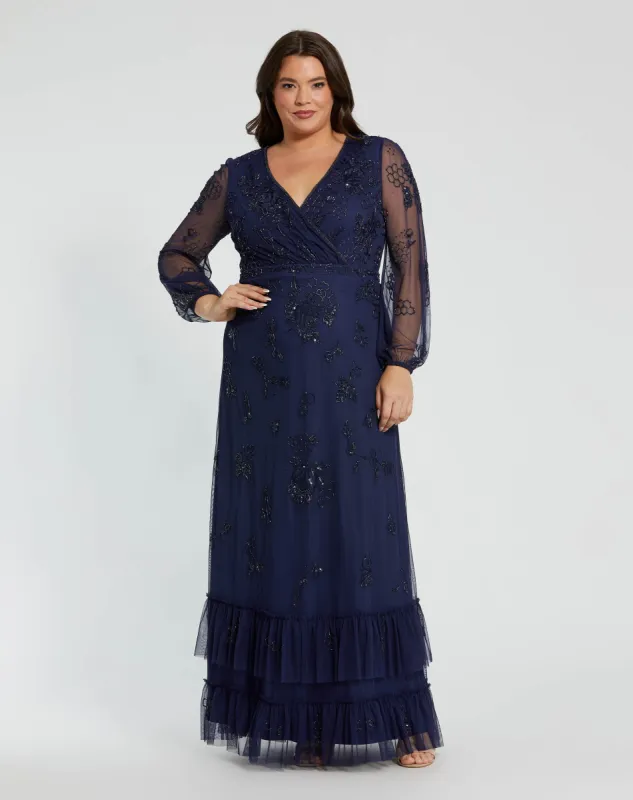 Navy Puff Sleeve V-Neck Tiered Embellished Gown (Plus) sold by Mac Duggal