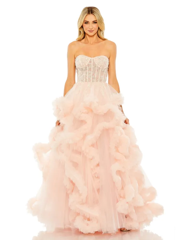 Pink Strapless Corset Detail Tulle Layered Gown sold by Mac Duggal