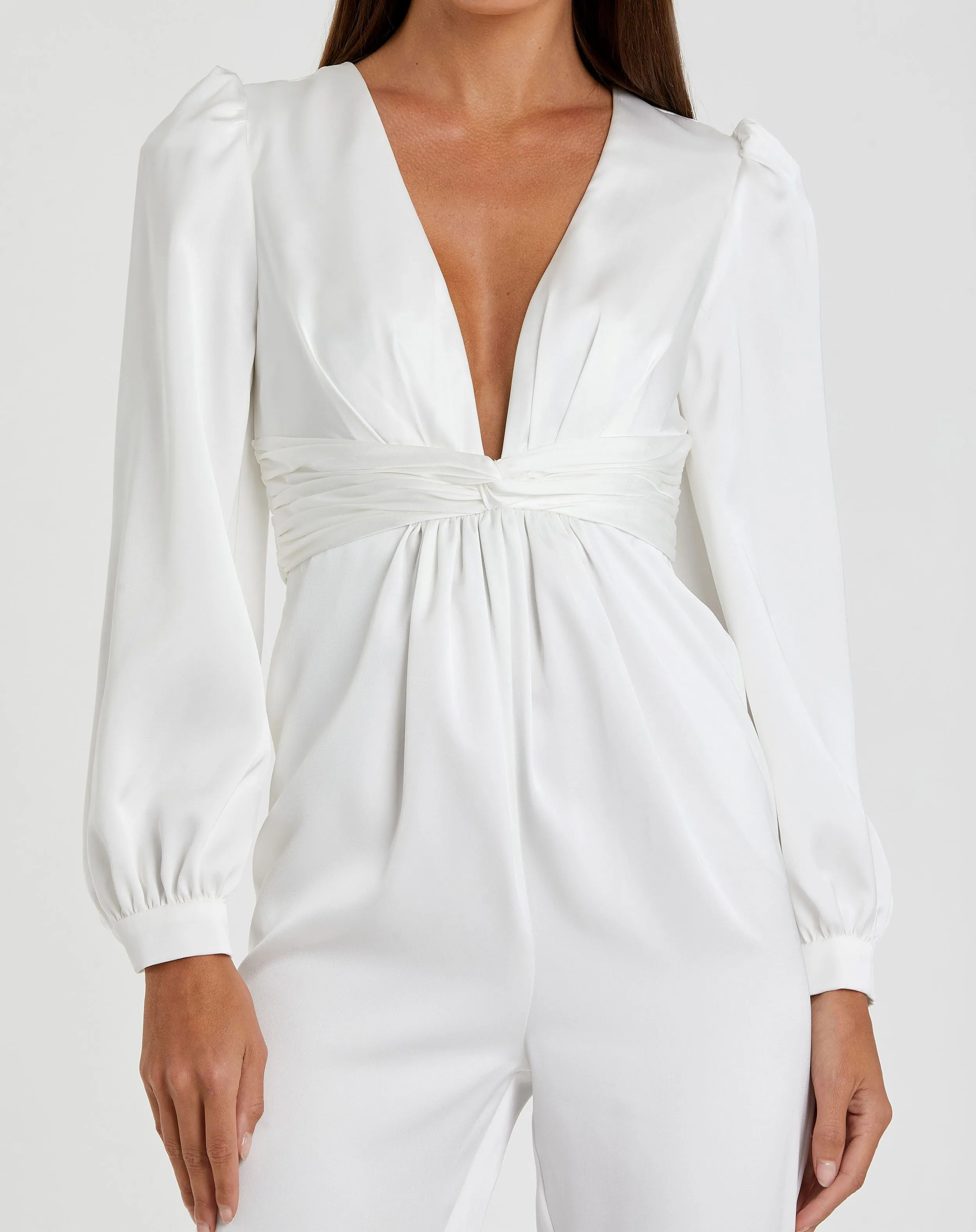White Front Twist Puff Sleeve Deep V Jumpsuit sold by Mac Duggal product image thumbnail 5
