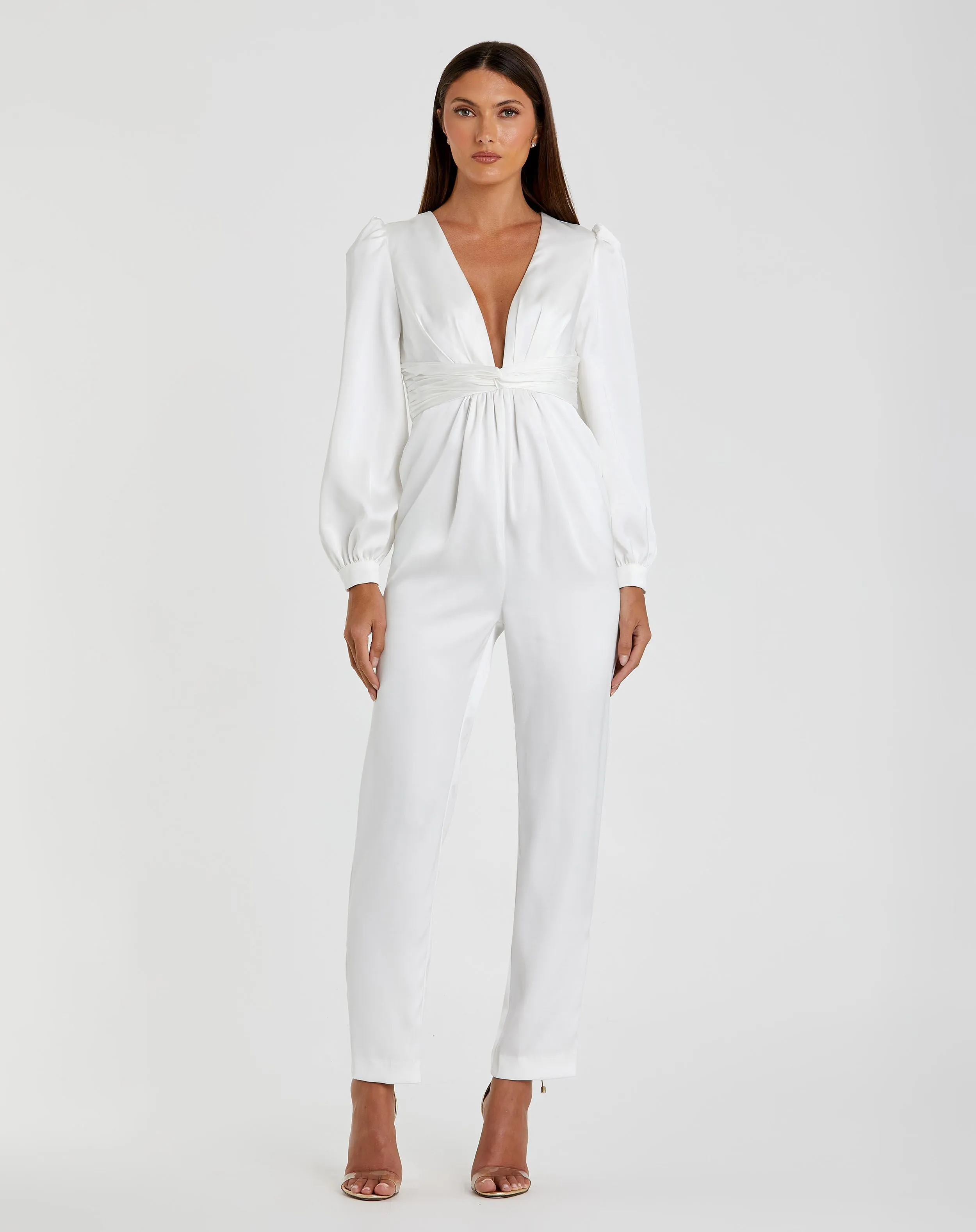 White Front Twist Puff Sleeve Deep V Jumpsuit sold by Mac Duggal product image thumbnail 4