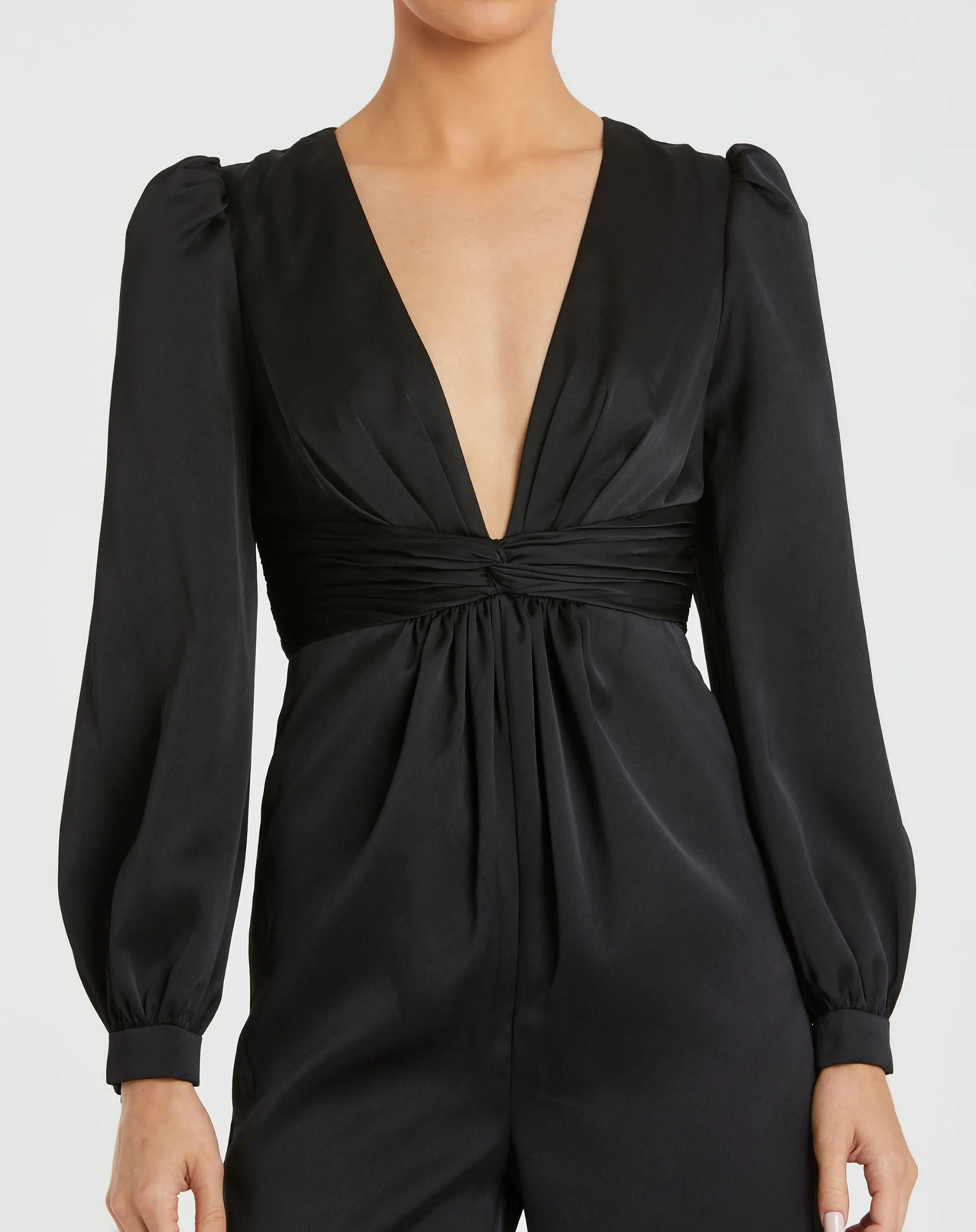 White Front Twist Puff Sleeve Deep V Jumpsuit sold by Mac Duggal product image thumbnail 2