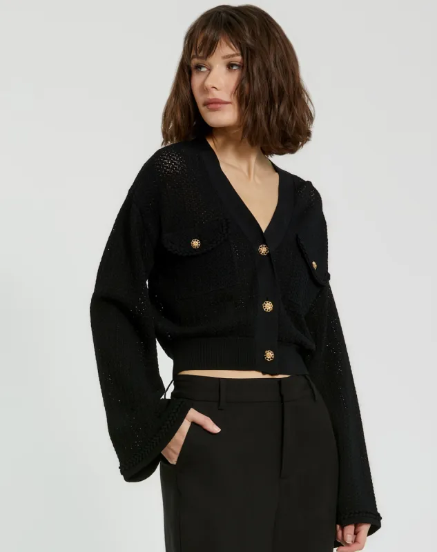 Black Crochet Knit Flare Long Sleeve Gold Button Cropped Cardigan sold by Mac Duggal