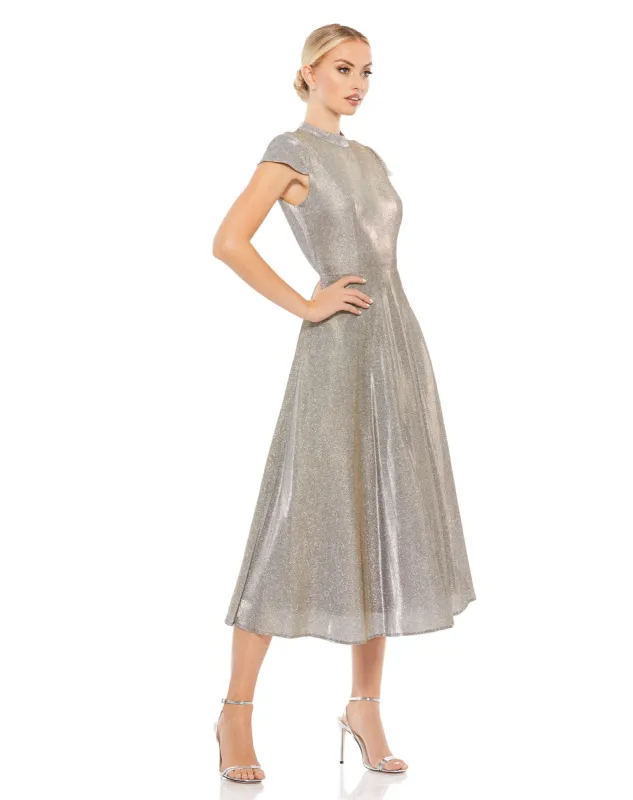 Silver Metallic Cap Sleeve Tea-Length Dress sold by Mac Duggal