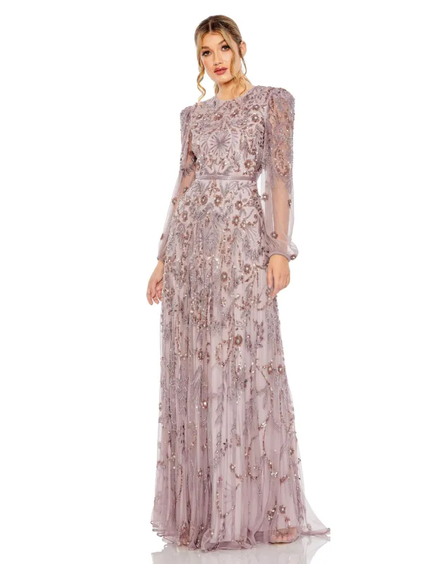 Purple Puff Sleeve Embellished A Line Gown sold by Mac Duggal