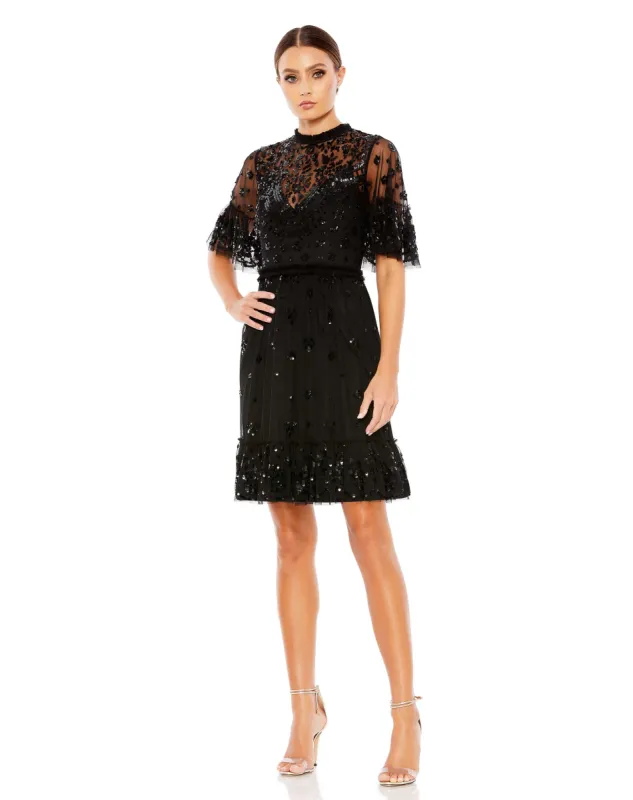 Black Embellished Illusion High Neck Mini Dress sold by Mac Duggal