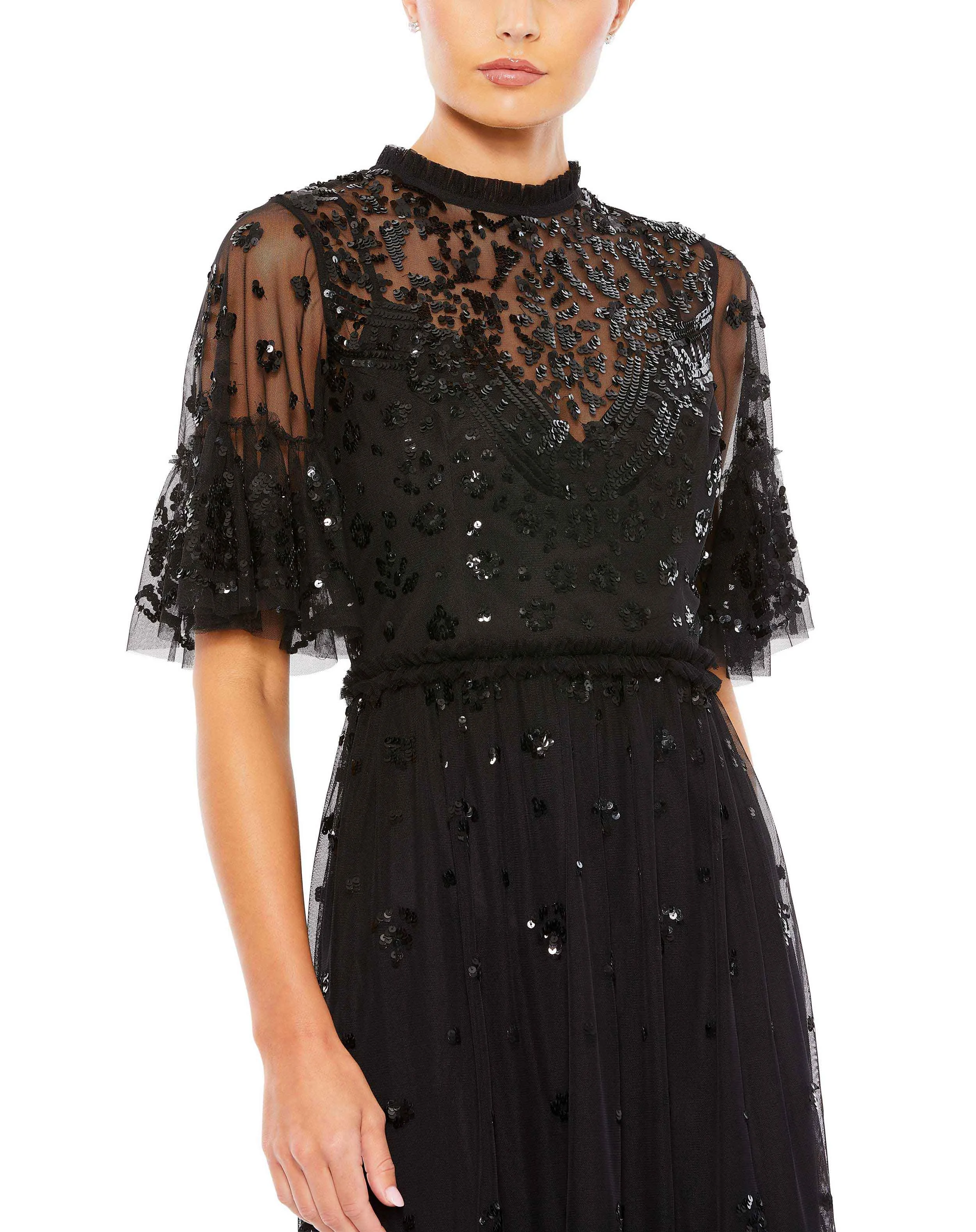 Black Embellished Illusion High Neck Mini Dress sold by Mac Duggal product image thumbnail 2