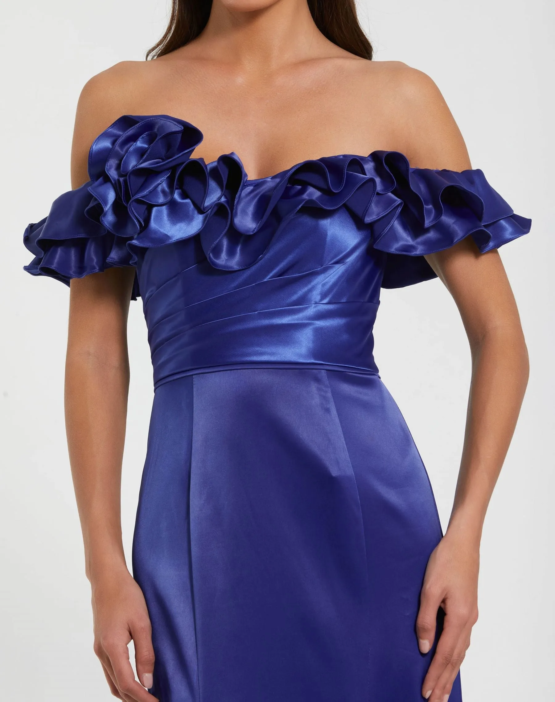 Blue Satin Ruffle Off the Shoulder Mermaid Gown sold by Mac Duggal product image thumbnail 2