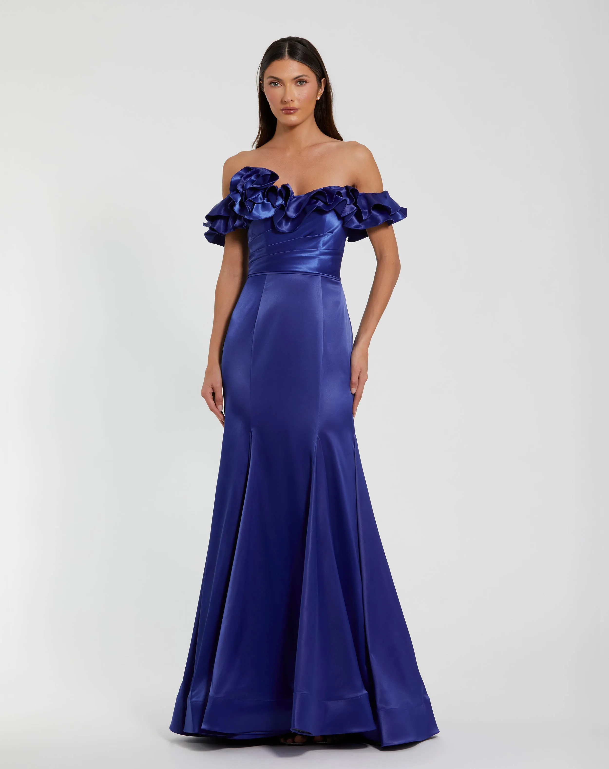 Blue Satin Ruffle Off the Shoulder Mermaid Gown sold by Mac Duggal