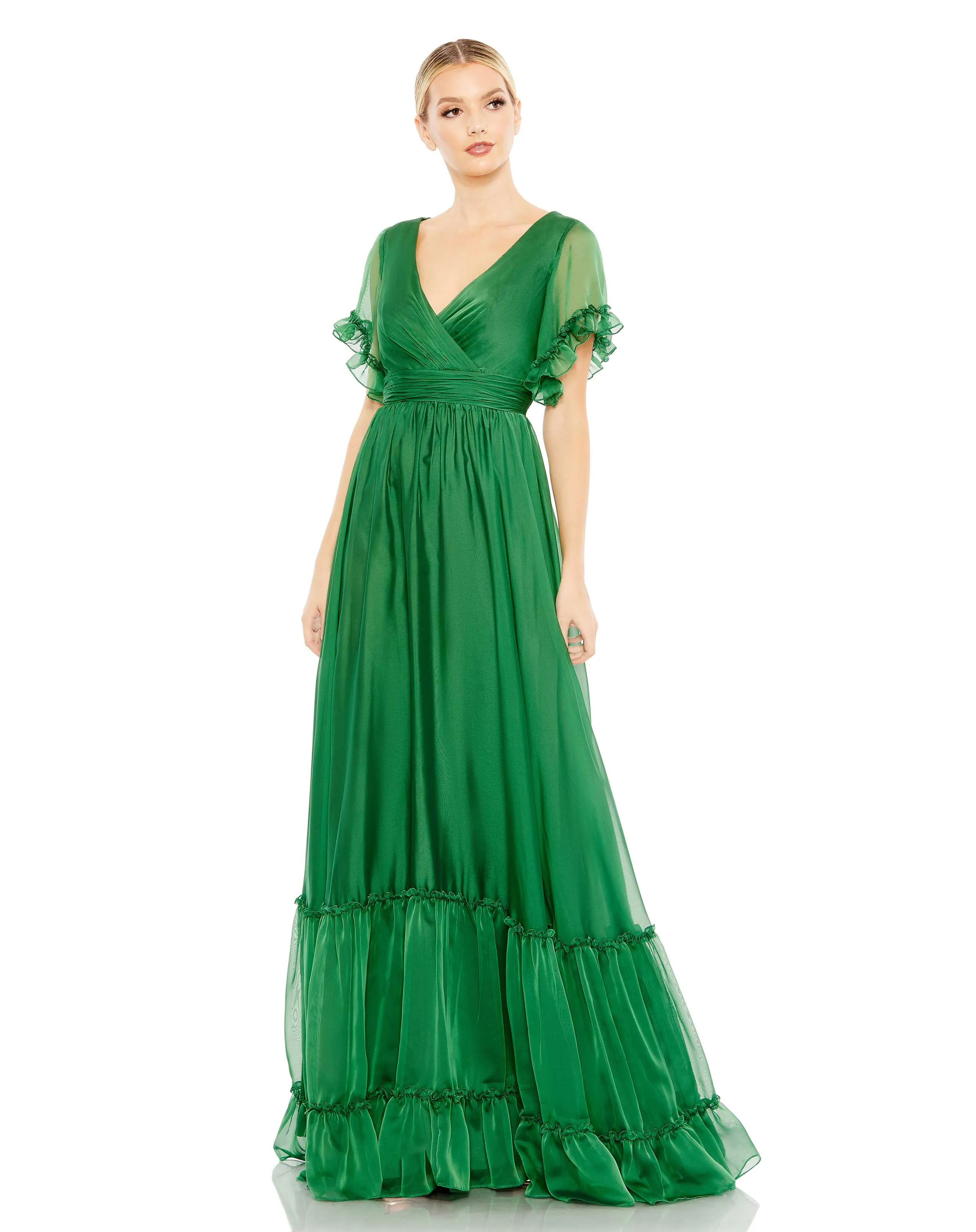 Green Butterfly Ruffle Trimmed Sleeve Wrap Over Flowy Gown sold by Mac Duggal