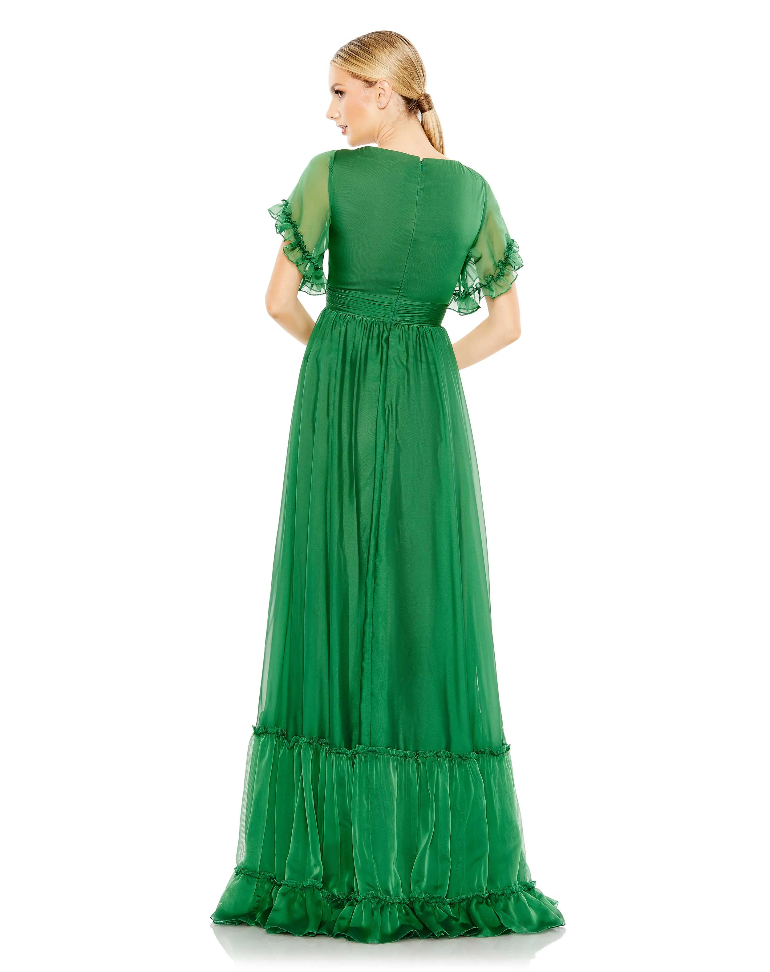 Green Butterfly Ruffle Trimmed Sleeve Wrap Over Flowy Gown sold by Mac Duggal product image thumbnail 3